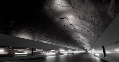 3D görüntüleme. Işık mermerinden yapılmış bir koridor. Duvarda dekoratif elementler var. Mesafeye kadar uzanıyor..