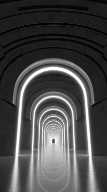 3d rendering. Marble corridor with columns stretching into the distance with neon lights on the sides. Background for your design.