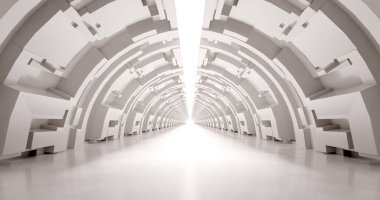 3D görüntüleme. Işık mermerinden yapılmış bir koridor. Duvarda dekoratif elementler var. Mesafeye kadar uzanıyor..