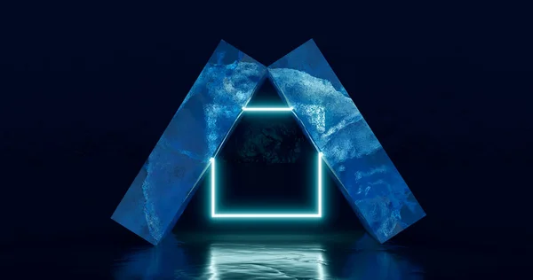 Vykreslování Pódium Nebo Stojan Pevného Kusu Obdélníkového Modrého Ledu Tmavém — Stock fotografie