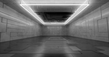 3d rendering. Futuristic sci-fi laboratory or spaceship corridor with neon light.