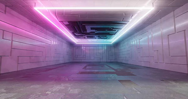 Rendering Futuristic Sci Laboratory Spaceship Corridor Neon Light — Stok fotoğraf