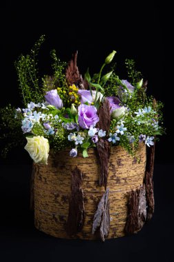 Siyah arka planda ağaç kabuğundan yapılmış dekoratif vazodaki doğal çiçeklerin bileşimi