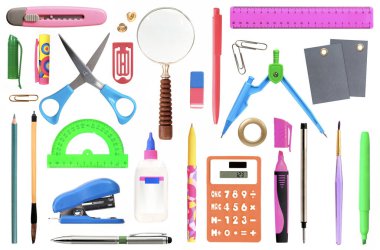 Set of stationery accessories isolated on white background clipart