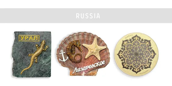 Magnetic Souvenir Russia Translation Geographical Names Ural Lazarevskoe Kazan — Stock Photo, Image