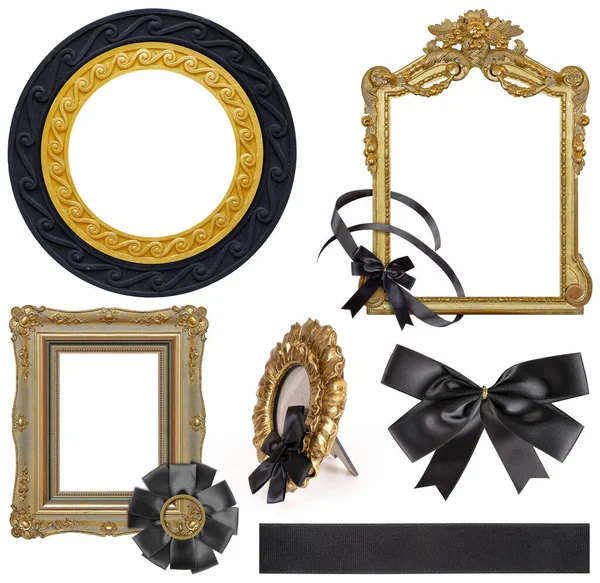 Set Golden Frames Black Mourning Ribbon Paintings Mirrors Photo Isolated — Stock Photo, Image