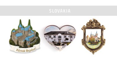 Magnetic souvenirs from Slovakia. Translation of the inscription: Castle of Bojnice; Bytche Wedding Palace; Bojnice Castle clipart