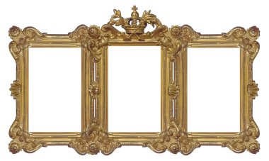Beyaz arka planda izole edilmiş resimler, aynalar veya fotoğraflar için üçlü altın çerçeve (triptych). Kırpma yolu ile tasarım ögesi