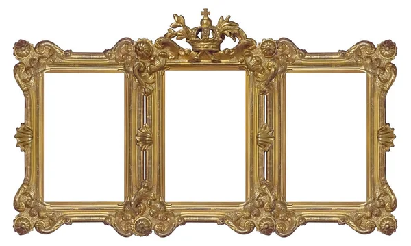 Drievoudig Gouden Frame Drieluik Voor Schilderijen Spiegels Foto Geïsoleerd Witte — Stockfoto