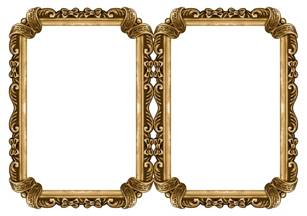 Double Golden Frame Diptych Paintings Mirrors Photos Isolated White Background — Stock Photo, Image