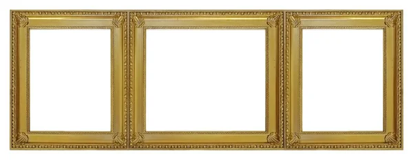 Тройная Золотая Рамка Триптих Картин Зеркал Фотографий Белом Фоне — стоковое фото