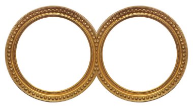 Beyaz arka planda izole edilmiş resimler, aynalar veya fotoğraflar için çift yuvarlak altın çerçeve (diptych). Kırpma yolu ile tasarım ögesi