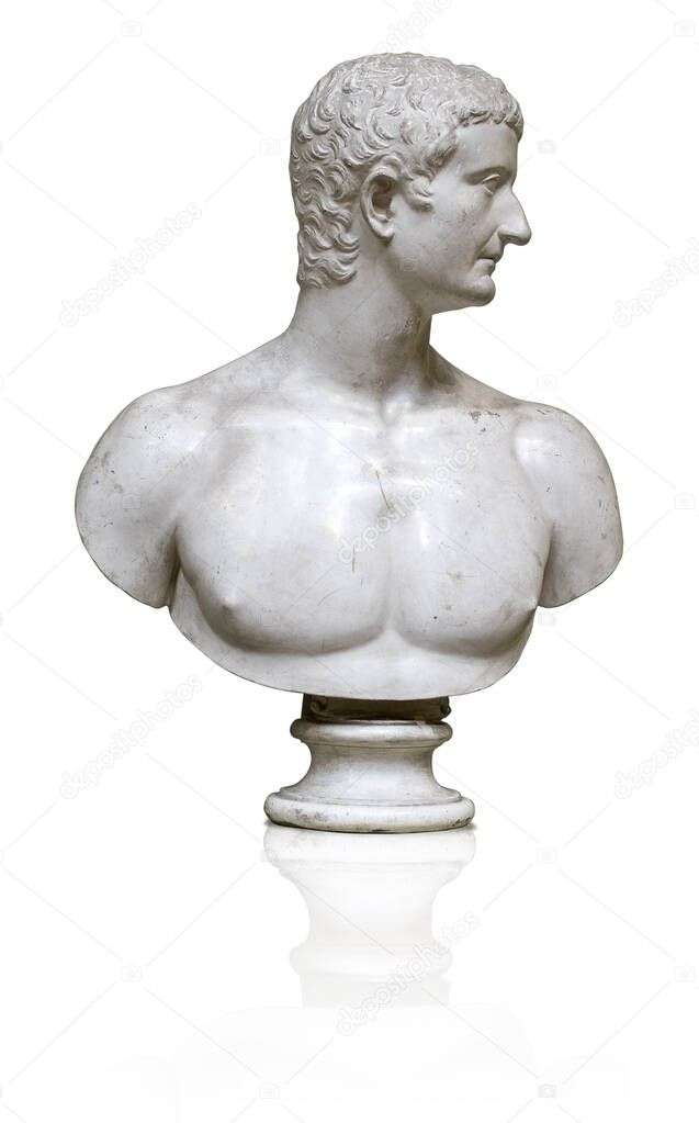 Marble bust of the ancient Roman emperor Tiberius isolated on white background. Design element with clipping path
