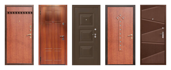 Set of models of entrance metal doors isolated on white background