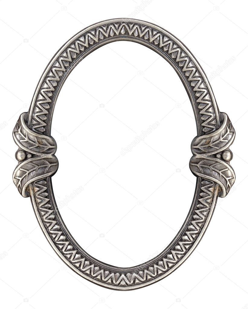 Silver oval frame for paintings, mirrors or photo isolated on white background. Design element with clipping path