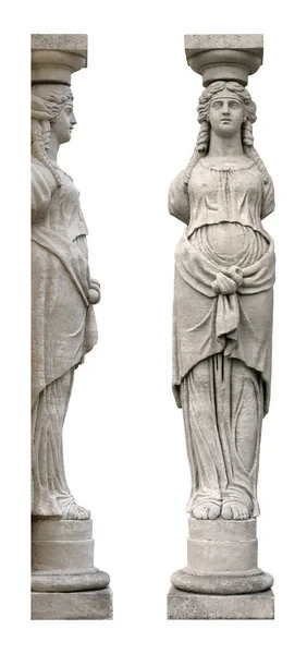 Deux Sortes Caryatides Pierre Isolées Sur Fond Blanc — Photo