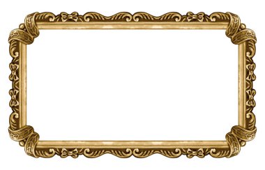 Beyaz arka planda izole edilmiş resimler, aynalar veya fotoğraf için panoramik altın çerçeve. Kırpma yolu ile tasarım ögesi