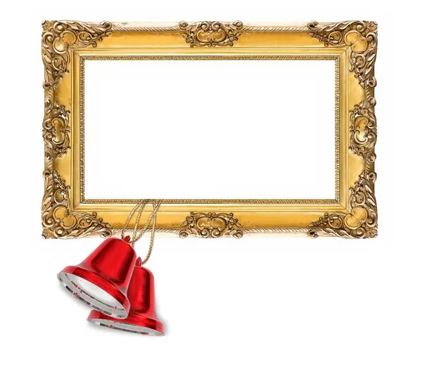 Moldura Dourada Com Sinos Decorativos Natal Isolados Fundo Branco — Fotografia de Stock