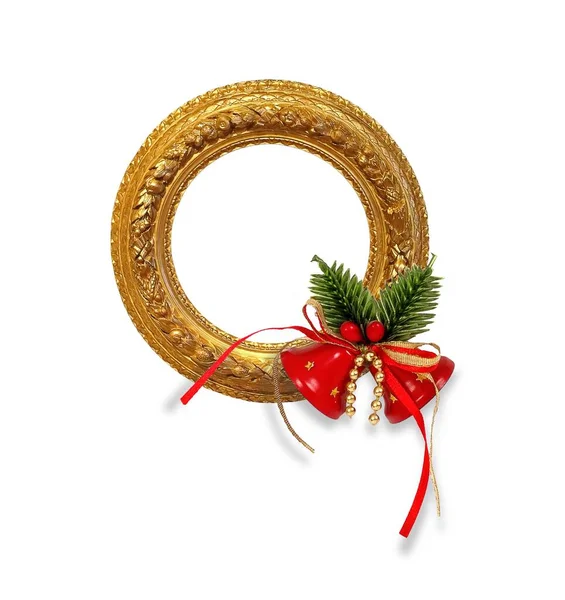 Marco Dorado Con Campanas Decorativas Navidad Aisladas Sobre Fondo Blanco —  Fotos de Stock