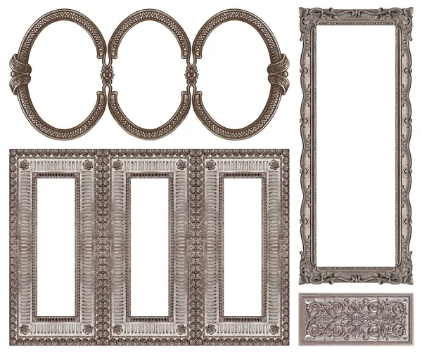 Conjunto Molduras Prata Para Pinturas Espelhos Fotos Isoladas Sobre Fundo — Fotografia de Stock