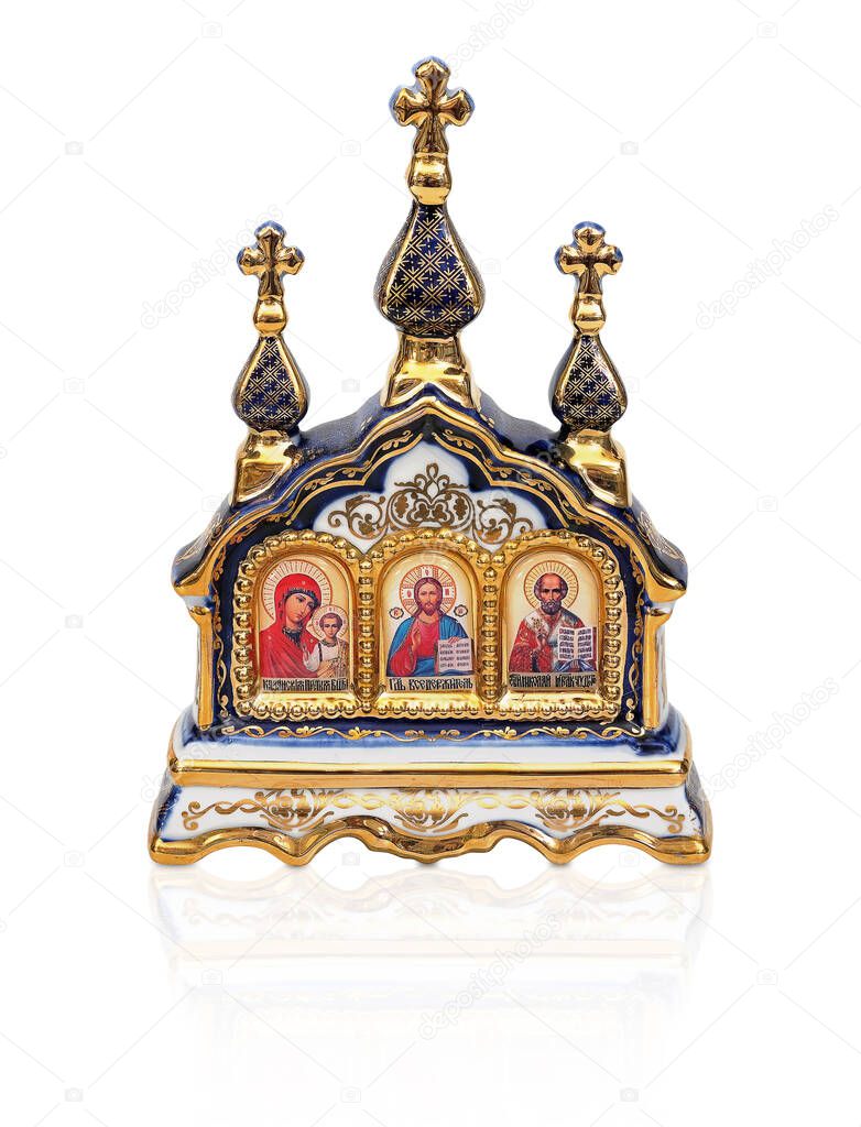 Triple Orthodox porcelain icon. Russian inscriptions mean in English: Our Lady of Kazan, Lord Almighty, Nicholas the. Design element with clipping pathWonderworker