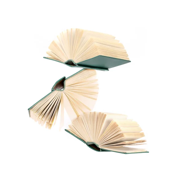 Tre Libri Verdi Volanti Isolati Sfondo Bianco — Foto Stock