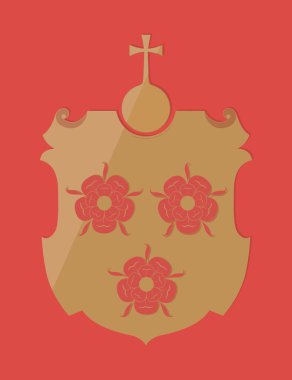 Kırmızı zemin üzerinde güller ve Globus haçı olan altın hanedan kalkanı