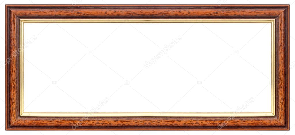 Panoramic wooden frame for paintings, mirrors or photo isolated on white background. Design element with clipping path