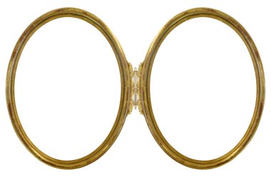 Beyaz arka planda izole edilmiş resimler, aynalar veya fotoğraflar için çift oval altın çerçeve (diptych). Kırpma yolu ile tasarım ögesi