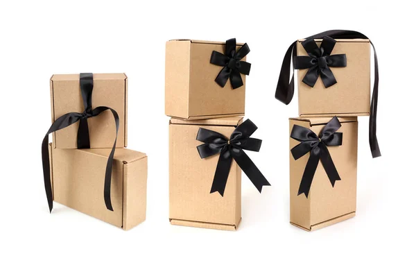 Set Craft Boxes Black Bow Ribbon Isolated White Background — Φωτογραφία Αρχείου