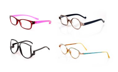 Bir portre üzerine başvurmak için beyaz arkaplanda izole edilmiş gözlük seti