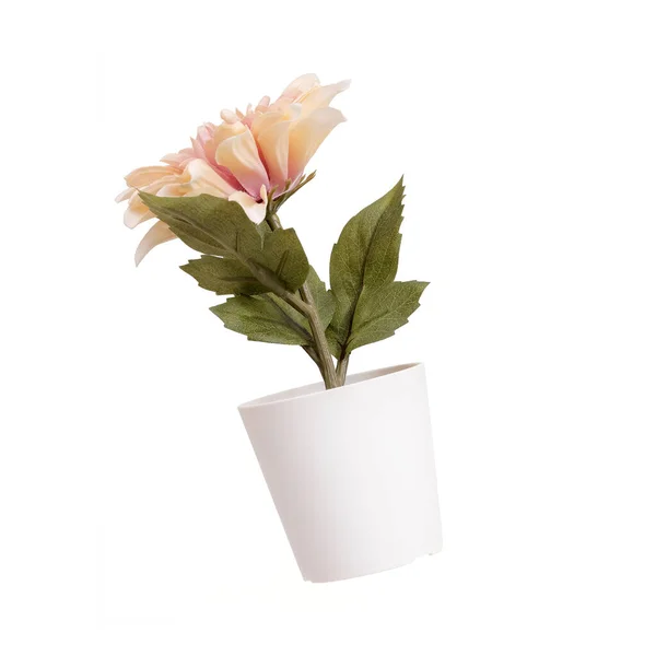Rosa Fiori Artificiali Vasi Bianchi Isolati Sfondo Bianco — Foto Stock
