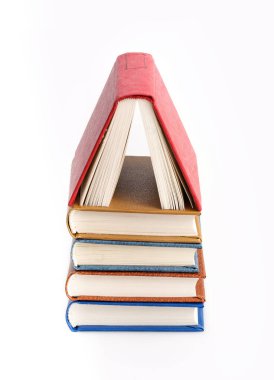 Beyaz arka planda izole edilmiş kırmızı, mavi, sarı ve kahverengi kitap yığını