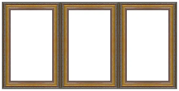 Triple Golden Frame Triptych Paintings Mirrors Photos Isolated White Background — Stock Photo, Image