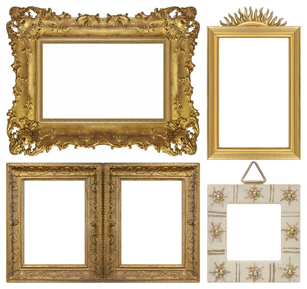 Sada Zlatých Rámečků Pro Malby Zrcadla Nebo Fotografie Izolované Bílém — Stock fotografie