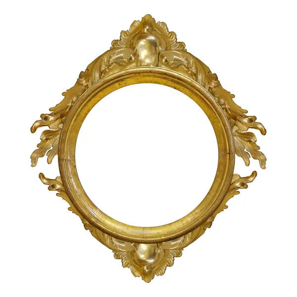 白色背景下孤立的金色圆形画框 镜子或照片 具有剪切路径的设计元素 — 图库照片