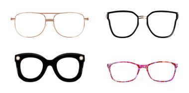 Bir portre üzerine başvurmak için beyaz arkaplanda izole edilmiş gözlük seti