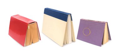 Beyaz arka planda izole edilmiş ayakta duran kitaplar