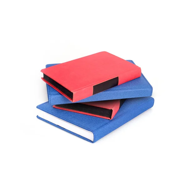 Stack Röda Och Blå Böcker Isolerad Vit Bakgrund — Stockfoto