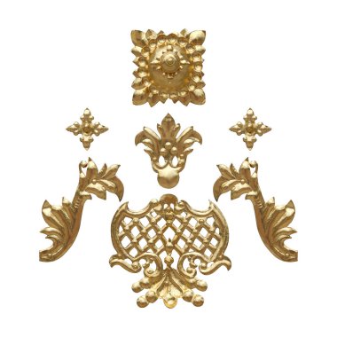 Beyaz arka plan üzerinde izole çiçek desenli altın dekoratif unsurlar seti