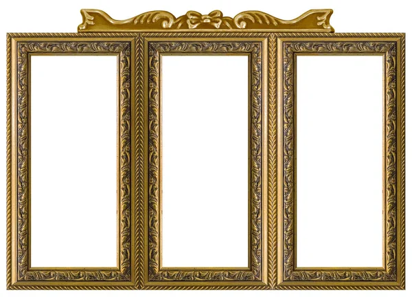 Triple Golden Frame Triptych Paintings Mirrors Photos Isolated White Background — Stock Photo, Image
