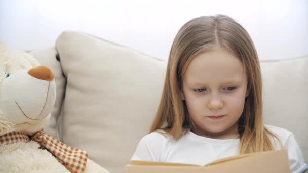 4k-Video eines überraschten kleinen Mädchens, das ihr Gesicht mit den Händen in der Nähe von Teddybär berührt. — Stockvideo