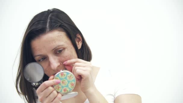 Slow Motion Video Woman Peeling Dry Skin Her Face Concept — Vídeos de Stock