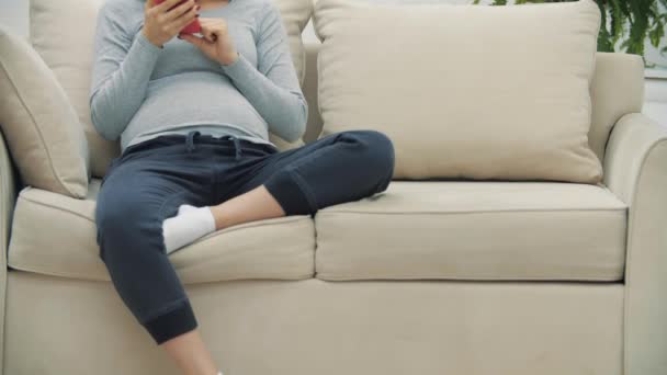 Vídeo Câmera Lenta Mulher Grávida Surfando Telefone Conceito Cuidados Saúde — Vídeo de Stock