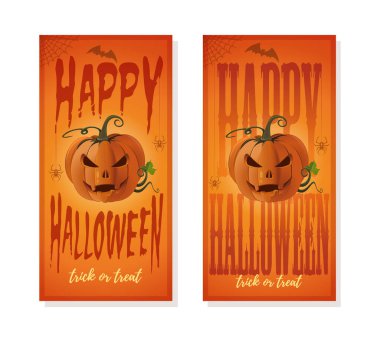 Cadılar Bayramı turuncu pankartı ve balkabağı feneri. Cadılar bayramı balkabağı mutlu bayramlar diler. Mutlu Cadılar Bayramı. Şeker mi şaka mı? Vektör illüstrasyonu