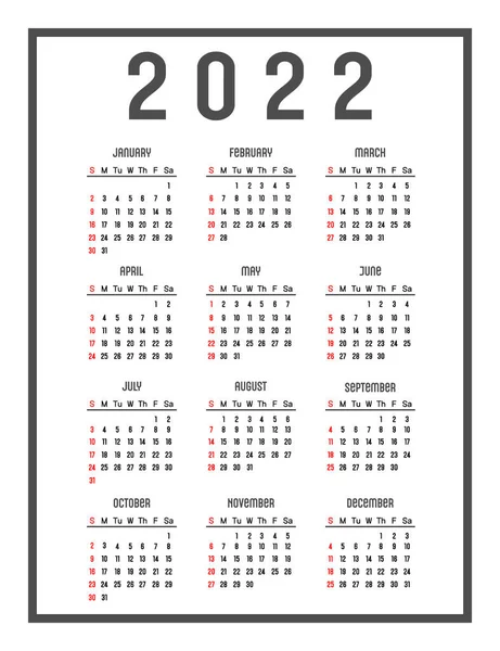 Kalender 2022 Het Engels Dagen Van Week Staan Bovenaan Week — Stockvector