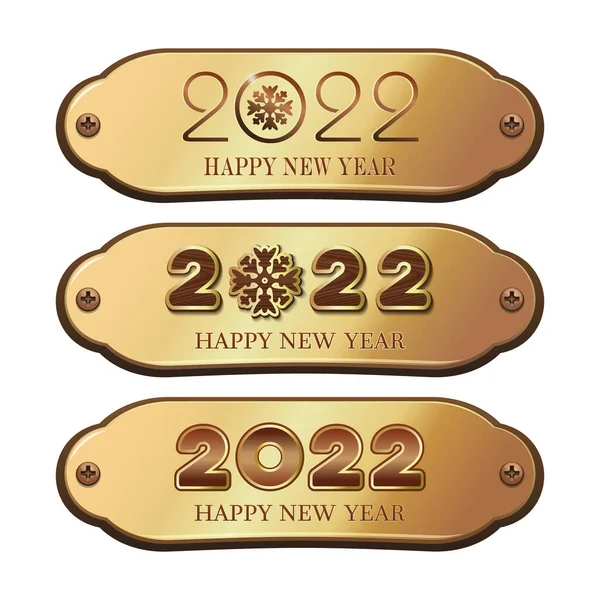 Set Gold Plaques Inscription Happy New Year 2022 Vector Illustration — Stock Vector