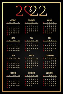İngilizce takvim 2022. Haftanın günleri zirvede, hafta pazar başlıyor. Siyah arka planda altın ve kırmızı semboller. Vektör illüstrasyonu
