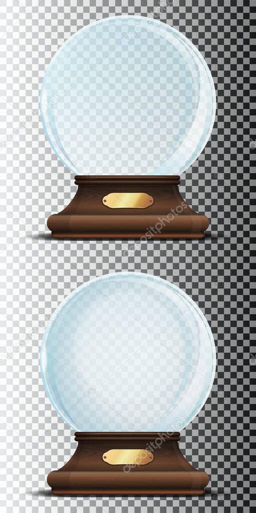 Set of glass sphere on an elegant wooden stand with gold sign. Christmas empty snow globe isolated on a transparent background. Glass dome with glares. Vector illustration