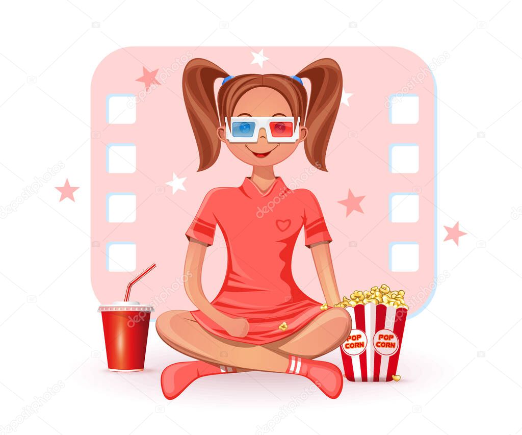Girl sitting cross-legged on the floor, drinks cola, eats popcorn and watches a movie in 3D glasses. Young cute lady in 3D glasses is watching favorite movie. Cinema concept. Vector illustration